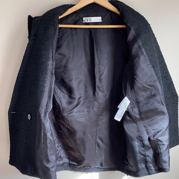 Zara Textured Weave Tweed Blazer Jacket Black Gold Buttons Large L boucle - Picture 10 of 10